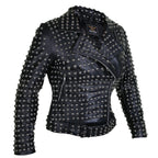 Women Black Brando Belted Round Cap Studded Leather Jacket