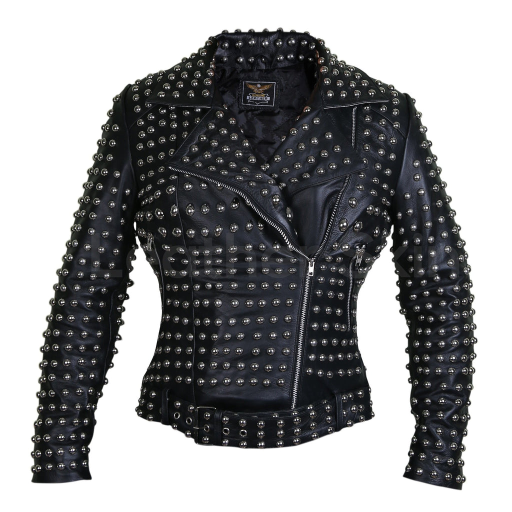 Women Black Brando Belted Round Cap Studded Leather Jacket