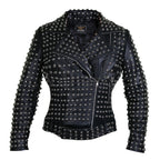 Women Black Brando Belted Round Cap Studded Leather Jacket