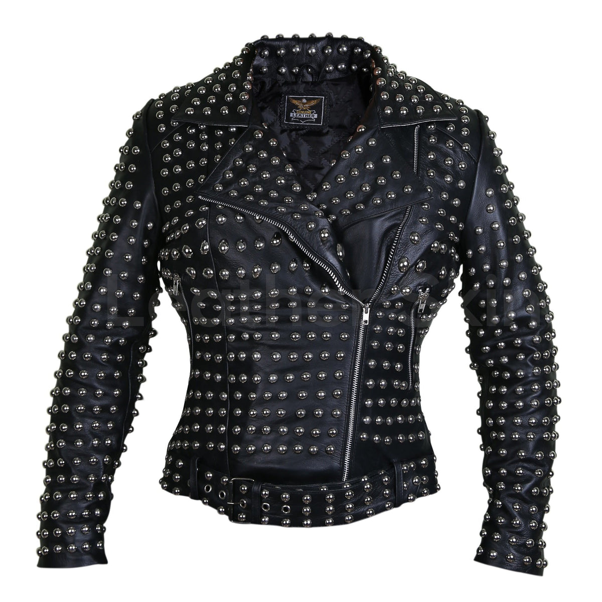 Women Black Brando Belted Round Cap Studded Leather Jacket