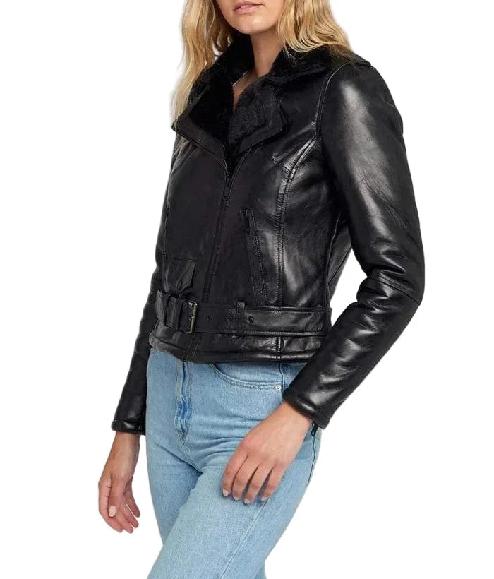 Black Shearling Jacket Womens With Fur Lining