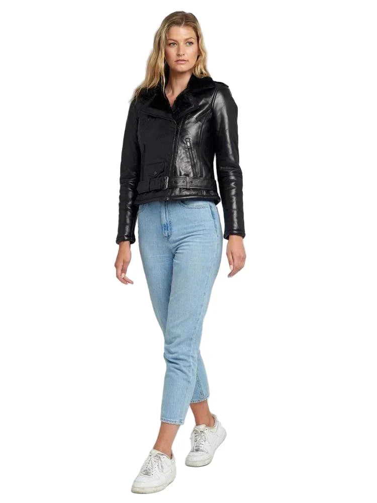 Black Shearling Jacket Womens With Fur Lining