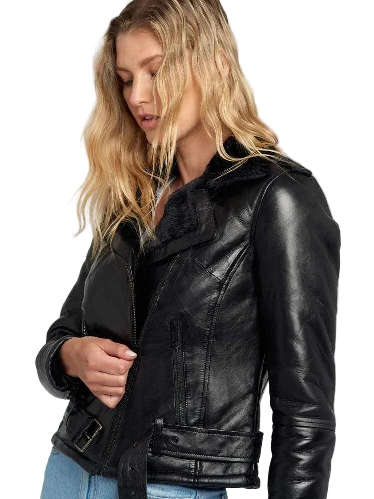 Black Shearling Jacket Womens With Fur Lining