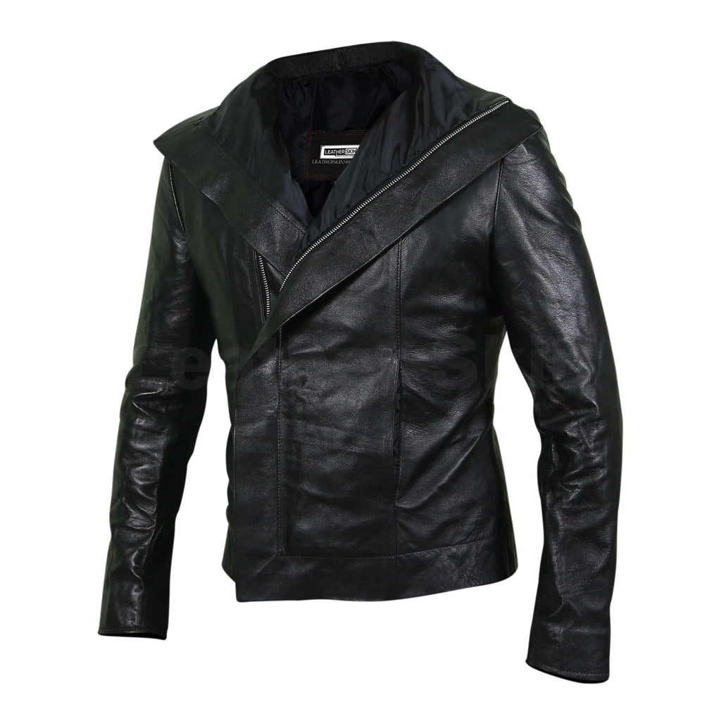 Women Black Leather Jacket with Flap for Front Zipper