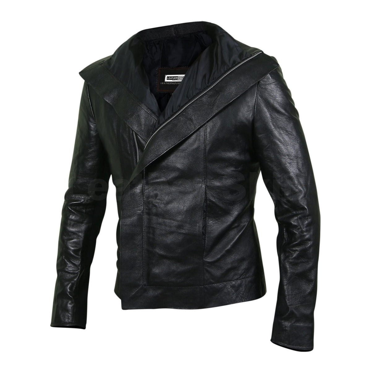 Women Black Leather Jacket with Flap for Front Zipper