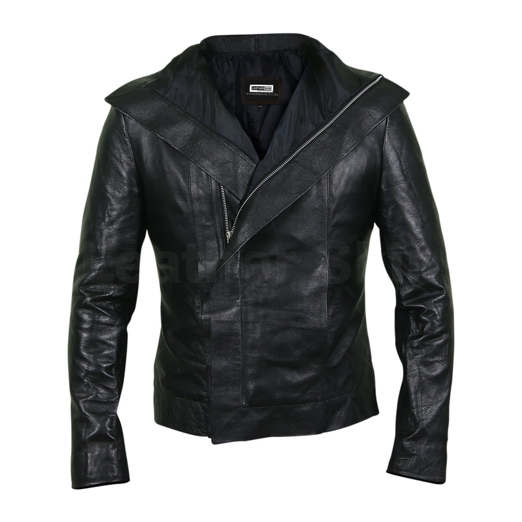 Women Black Leather Jacket with Flap for Front Zipper