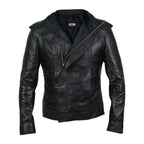Women Black Leather Jacket with Flap for Front Zipper