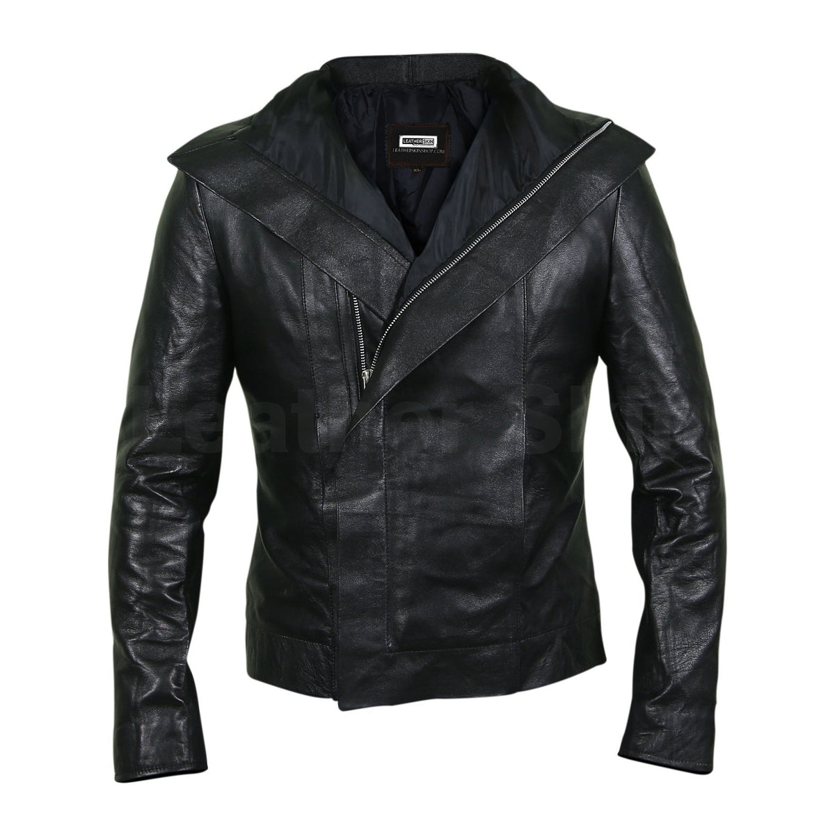 Women Black Leather Jacket with Flap for Front Zipper