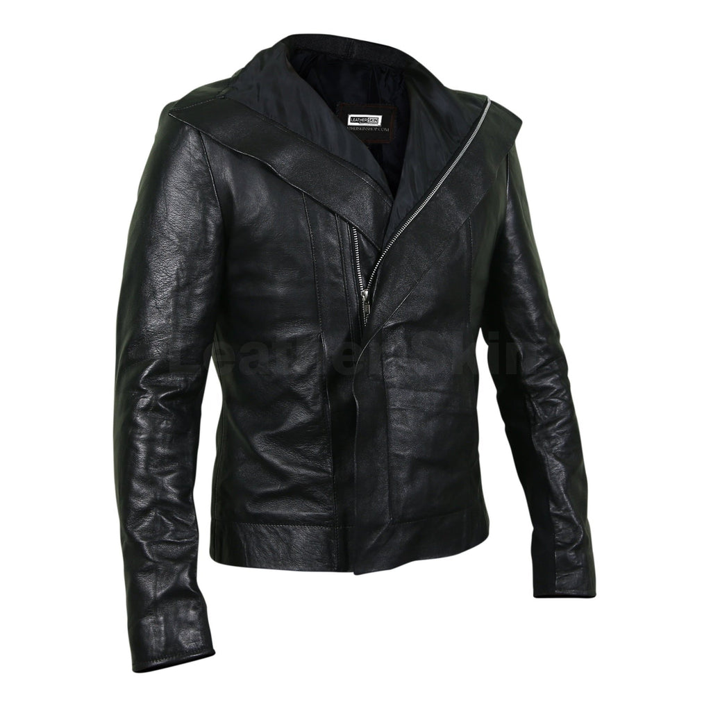Women Black Leather Jacket with Flap for Front Zipper