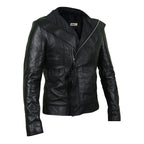 Women Black Leather Jacket with Flap for Front Zipper