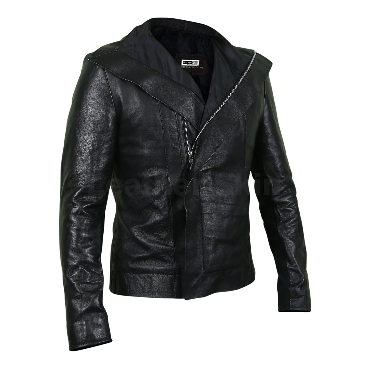 Women Black Leather Jacket with Flap for Front Zipper