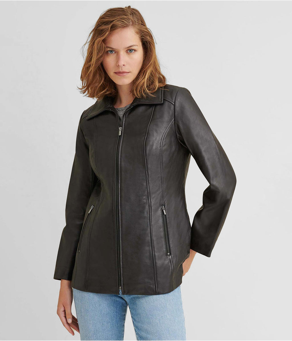 Women's Black Leather Scuba Jacket with Zip Front