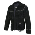 Women Black Western Fringes Cone Spike Studs Suede Leather Jacket