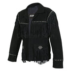 Women Black Western Fringes Cone Spike Studs Suede Leather Jacket