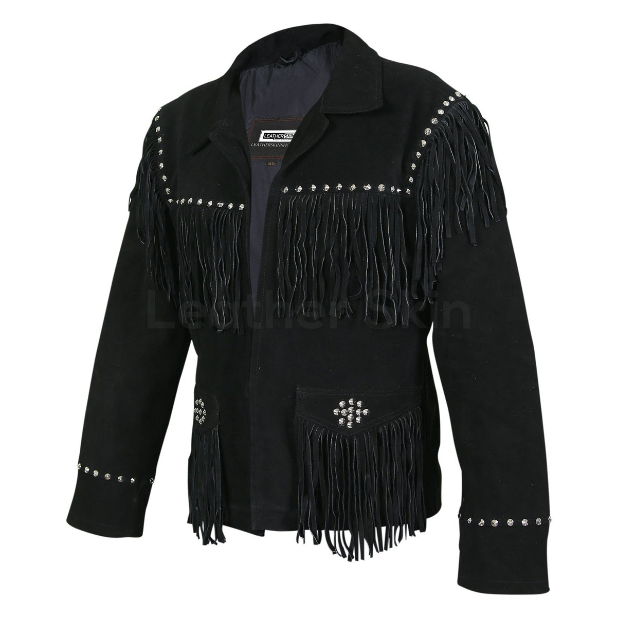 Women Black Western Fringes Cone Spike Studs Suede Leather Jacket