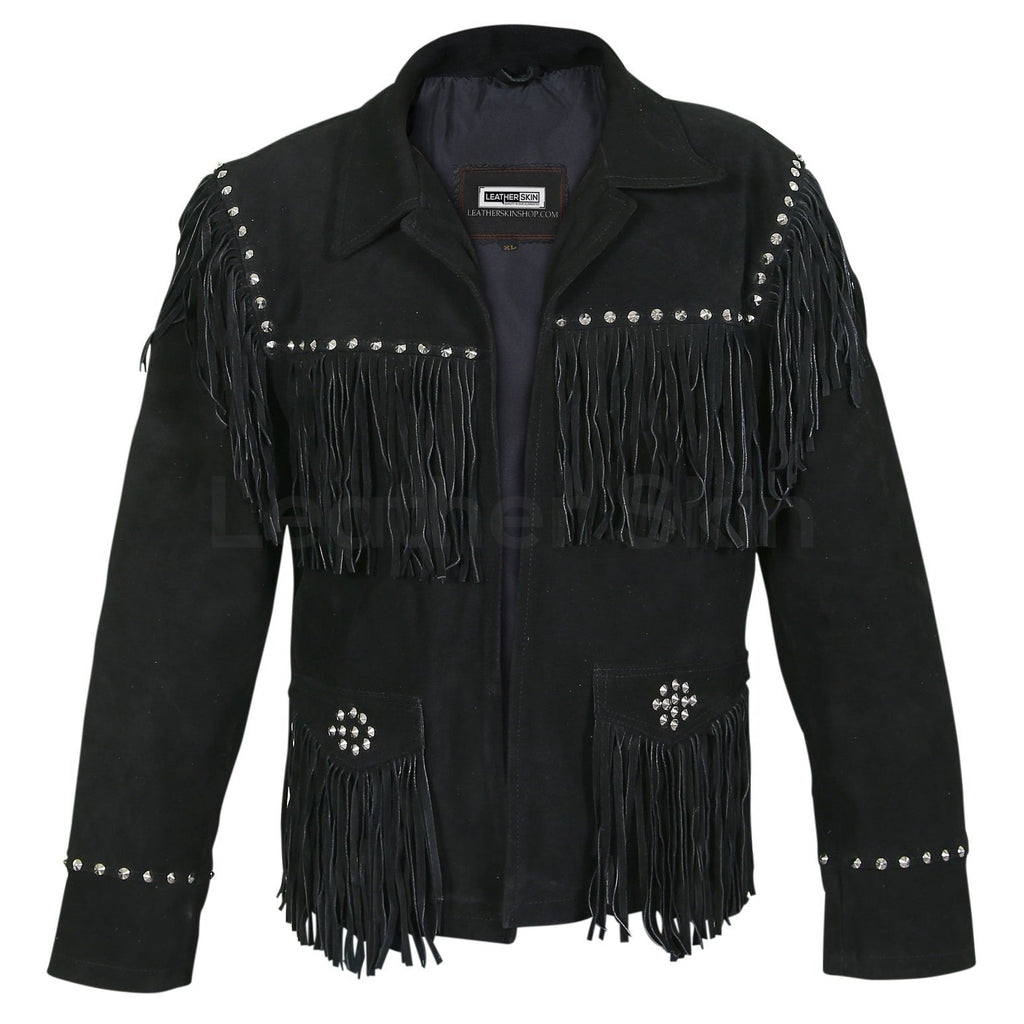 Women Black Western Fringes Cone Spike Studs Suede Leather Jacket