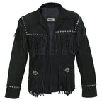 Women Black Western Fringes Cone Spike Studs Suede Leather Jacket