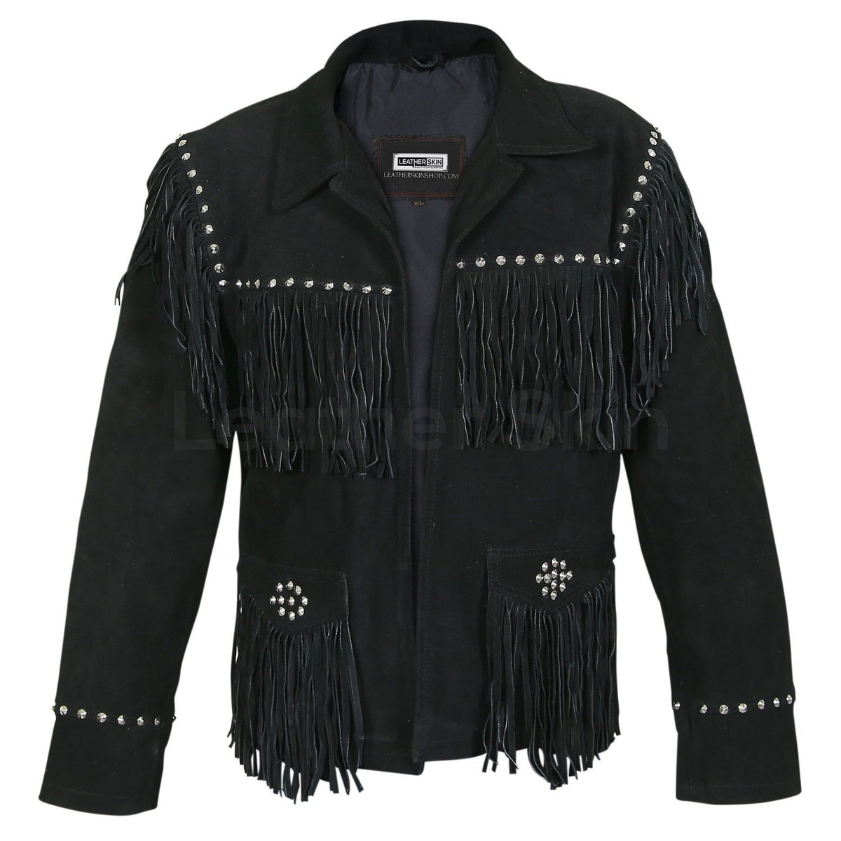 Women Black Western Fringes Cone Spike Studs Suede Leather Jacket
