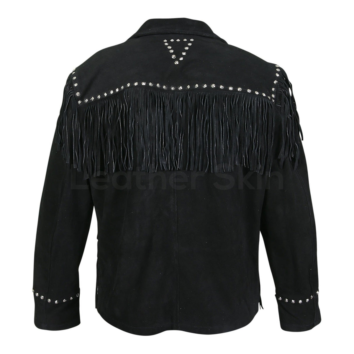 Women Black Western Fringes Cone Spike Studs Suede Leather Jacket