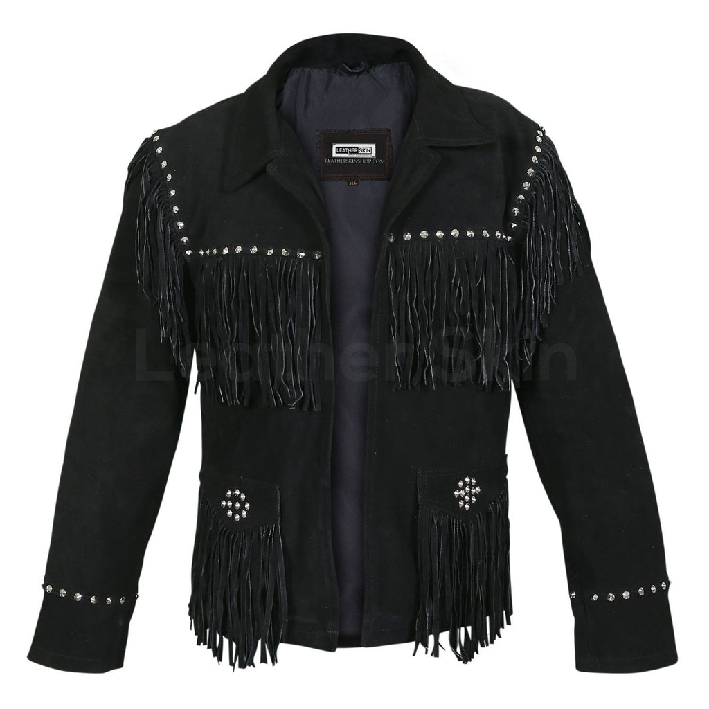 Women Black Western Fringes Cone Spike Studs Suede Leather Jacket