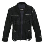 Women Black Western Fringes Cone Spike Studs Suede Leather Jacket