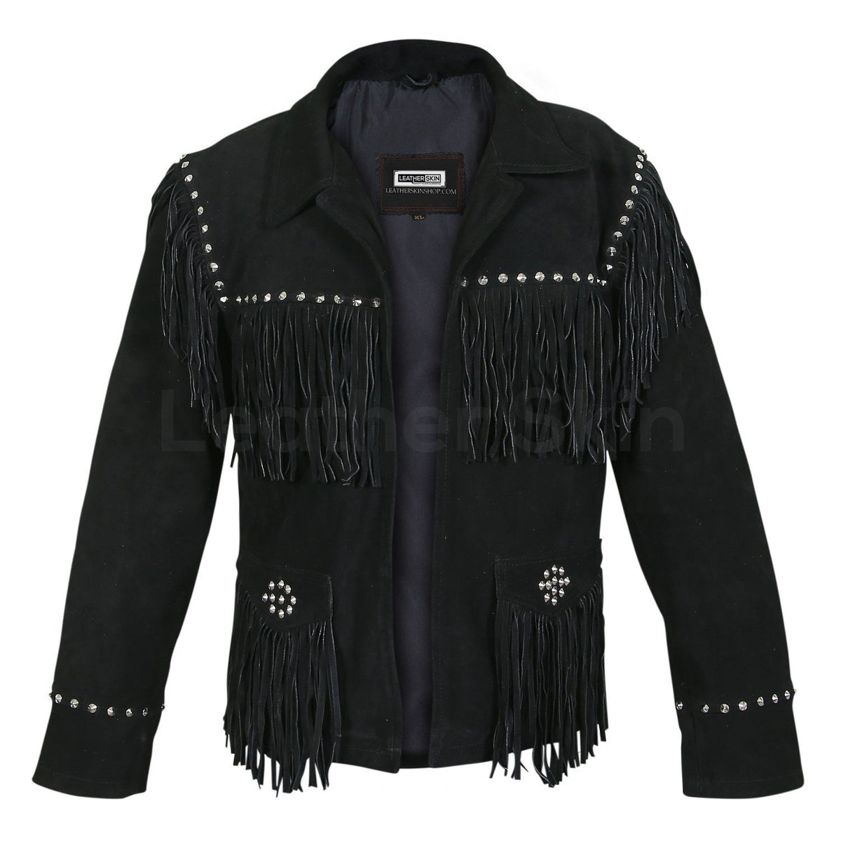 Women Black Western Fringes Cone Spike Studs Suede Leather Jacket