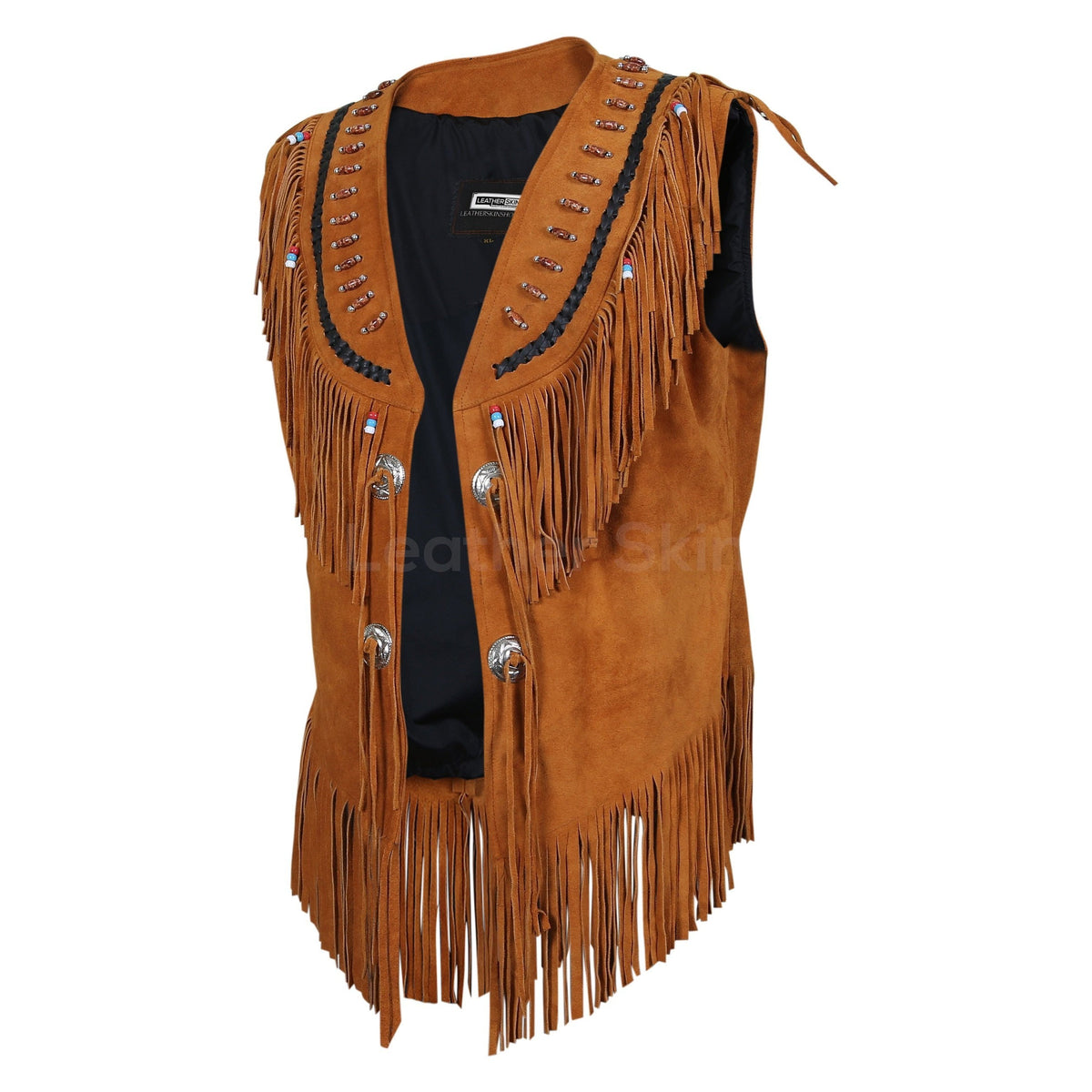 Women Brown Fringes Decorative Beads Suede Leather Jacket
