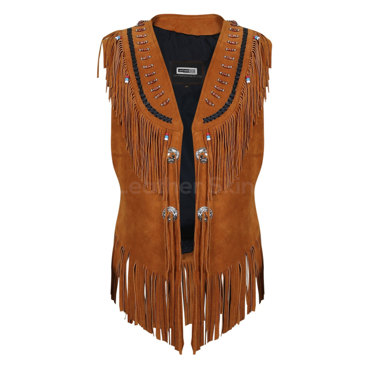 Women Brown Fringes Decorative Beads Suede Leather Jacket