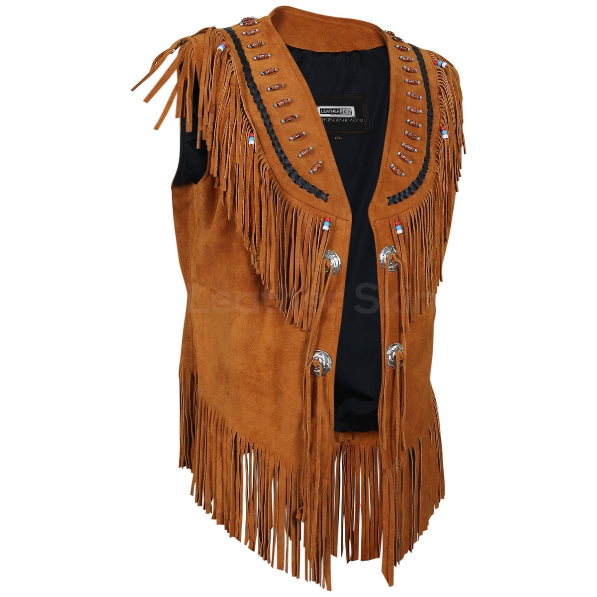 Women Brown Fringes Decorative Beads Suede Leather Jacket