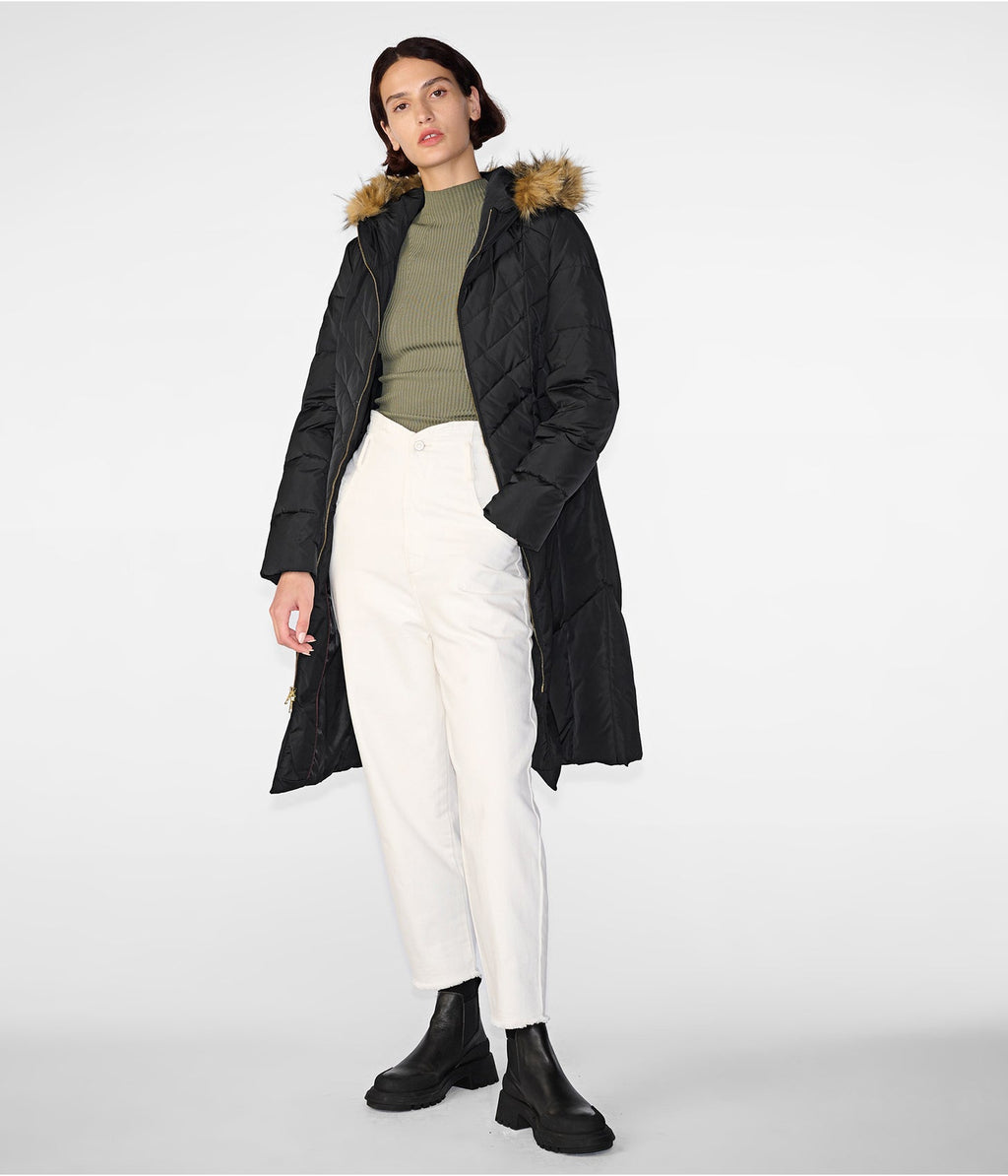 Women's Black Fur Hooded Puffer Trench Coat