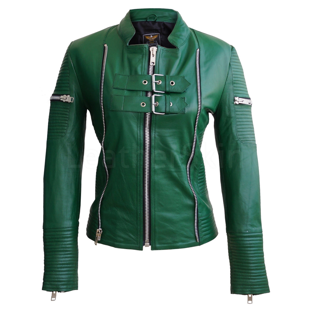 Green Sheep Skin Rib Quilted Genuine Leather Jacket