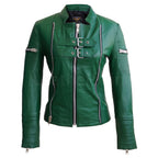 Green Sheep Skin Rib Quilted Genuine Leather Jacket