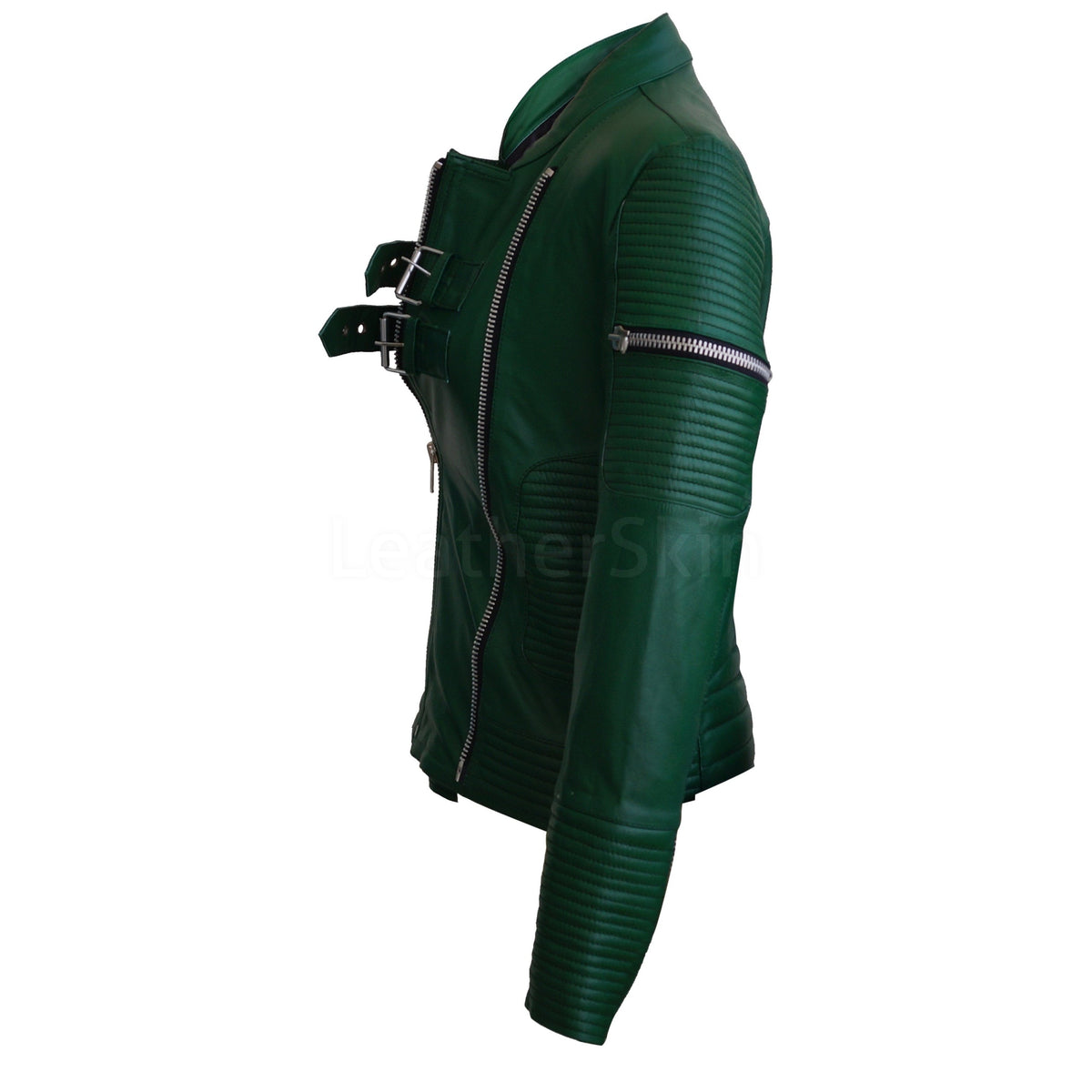 Green Sheep Skin Rib Quilted Genuine Leather Jacket