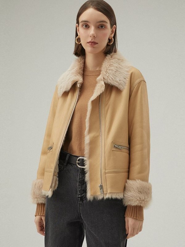 Women's Tan Brown Shearling Leather Jacket