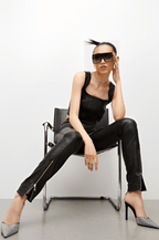 Women's Black Leather Biker Pants with Slim Fit