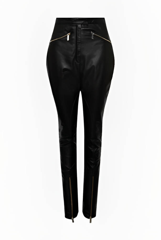 Women's Black Leather Biker Pants with Slim Fit