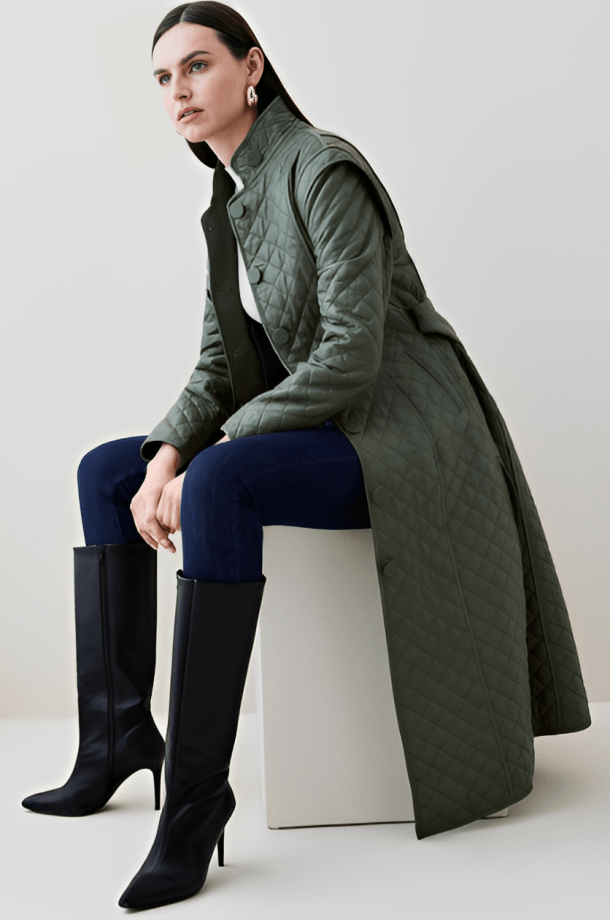 Women's Olive Quilted Leather Trench Coat