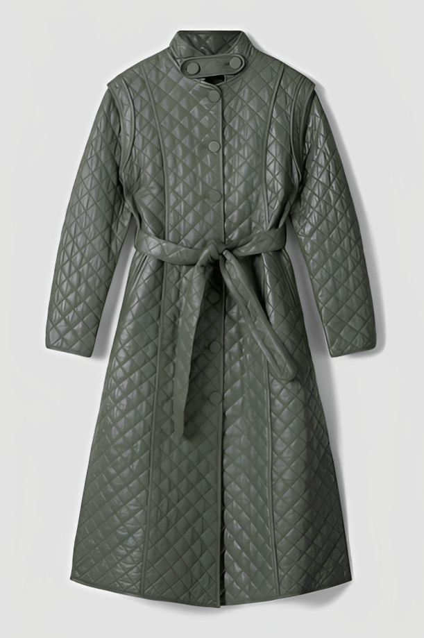 Women's Olive Quilted Leather Trench Coat