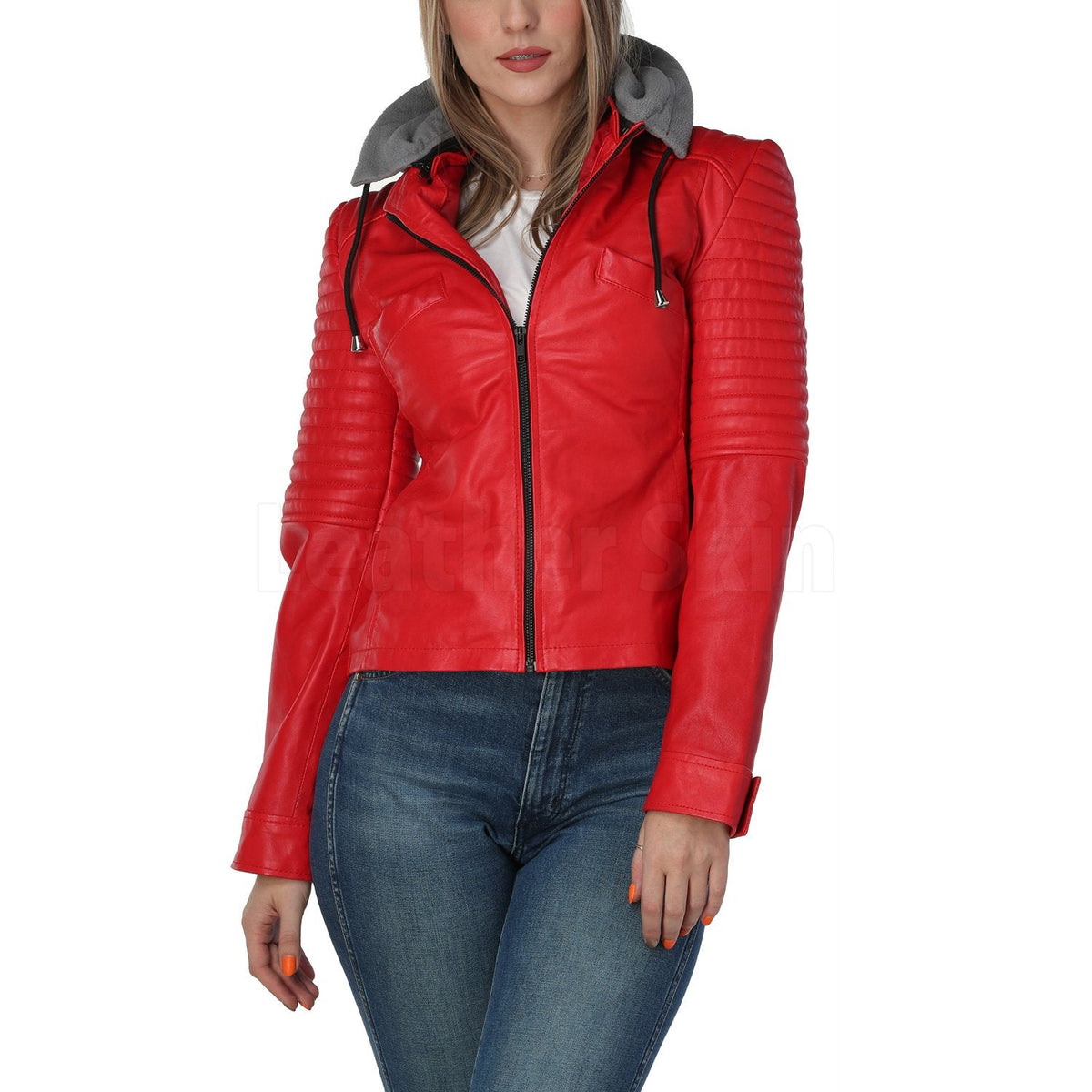 Jennifer Red Leather Jacket with Gray Hood