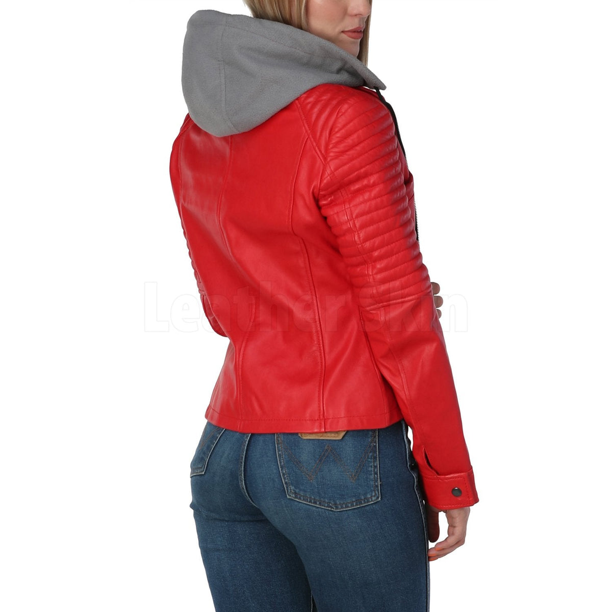 Jennifer Red Leather Jacket with Gray Hood