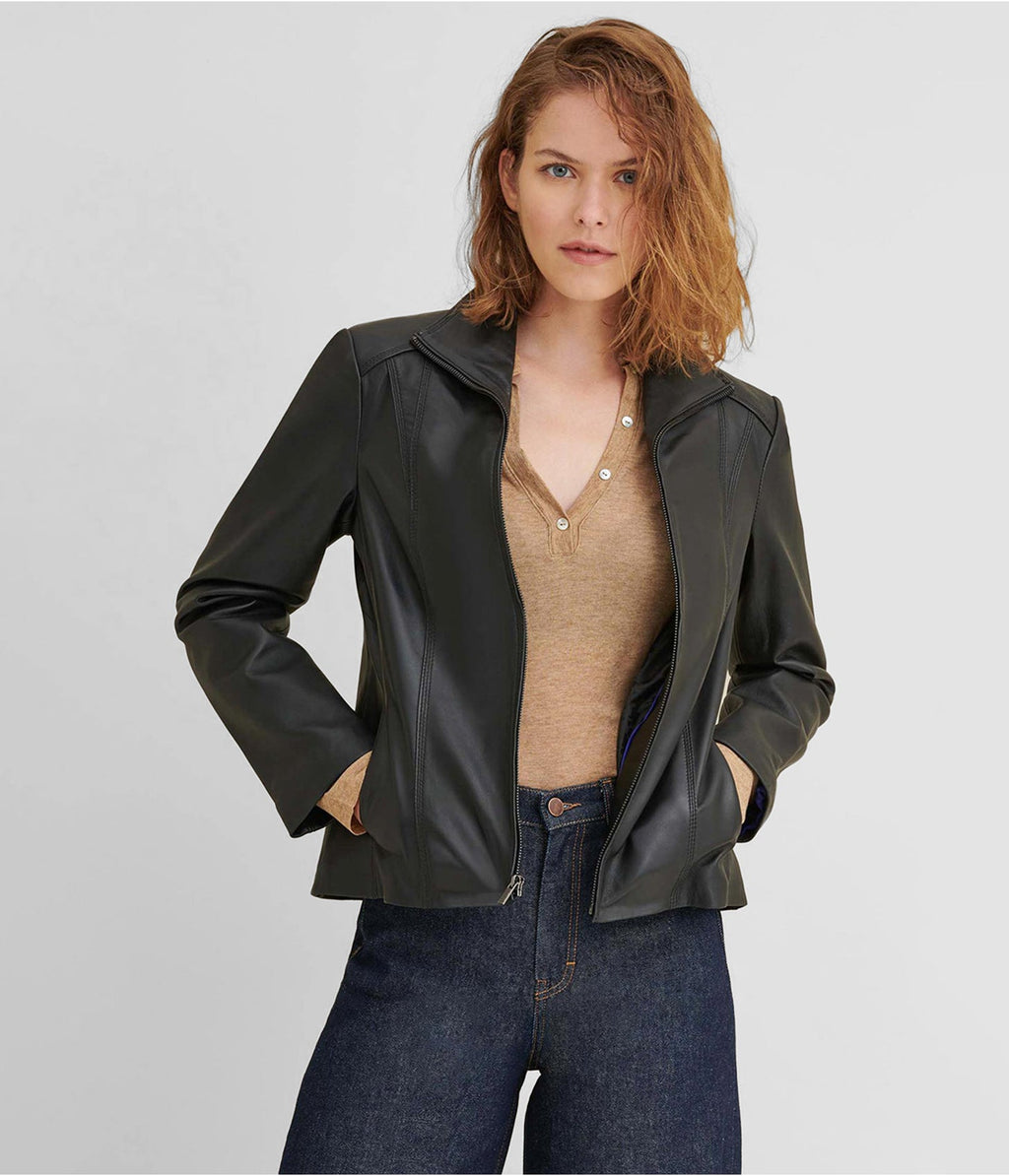 Women's Black Leather Scuba Jacket