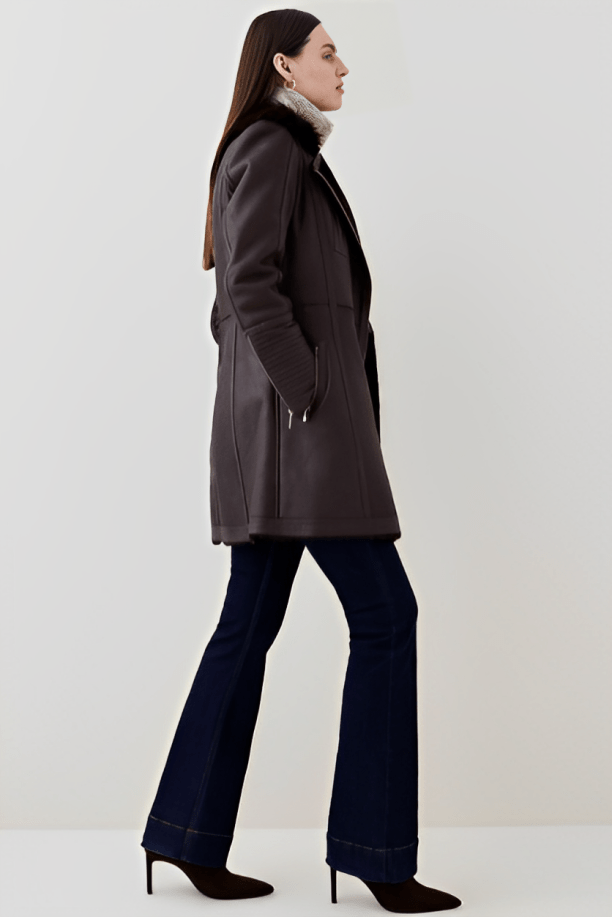 Women's Dark Brown Shearling Leather Coat with Elegant Design