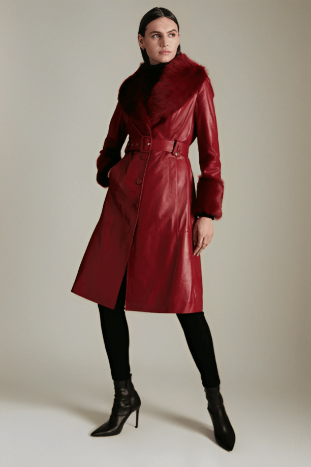 Women's Red Shearling Leather Coat with Fur Collar and Elegant Design