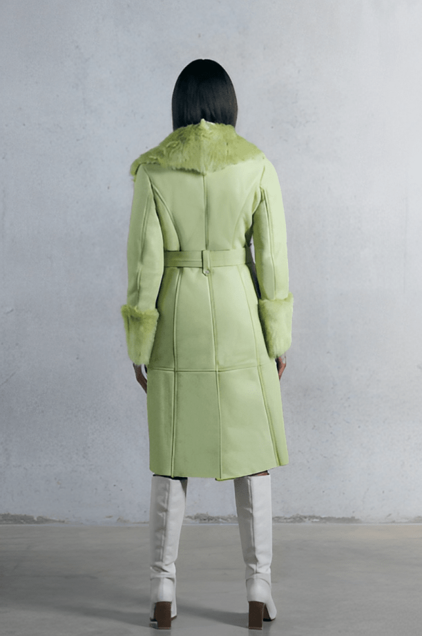 Women's Lime Green Shearling Leather Trench Coat with Chic Design
