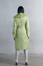 Women's Lime Green Shearling Leather Trench Coat with Chic Design
