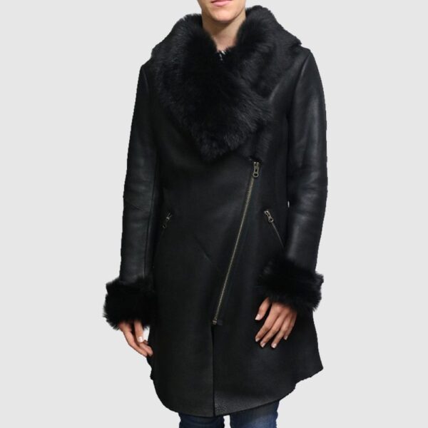 Women Shearling Sheepskin Suede Coat Merino Toscana Collar Black