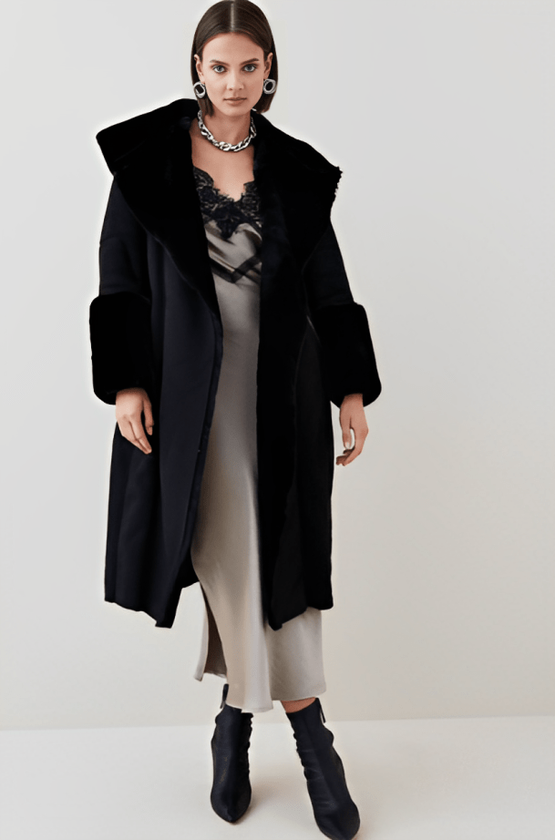 Women's Black Suede Leather Shearling Coat with Fur Collar