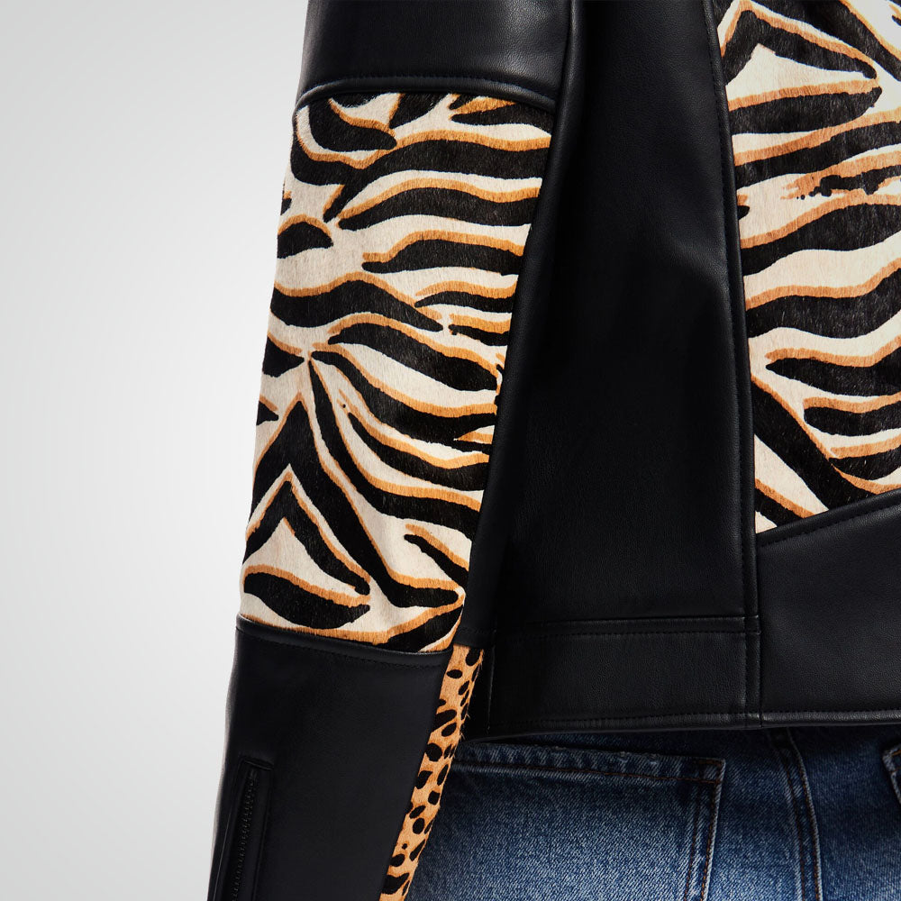 Women's Animal Print Black Sheepskin Leather Biker Jacket