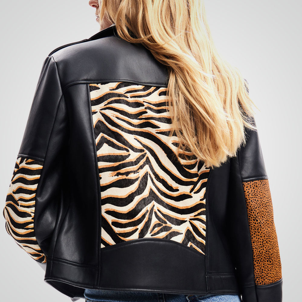 Women's Animal Print Black Sheepskin Leather Biker Jacket