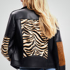 Women's Animal Print Black Sheepskin Leather Biker Jacket